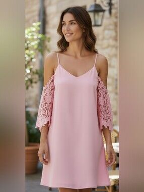 PINK Cold-Shoulder Crochet Sleeve V-neck Dress